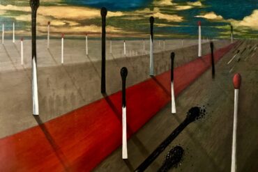 Pablo Ponce, "Landschap met rode lijn", 2019, olieverf op paneel, 73 x 55 cm.